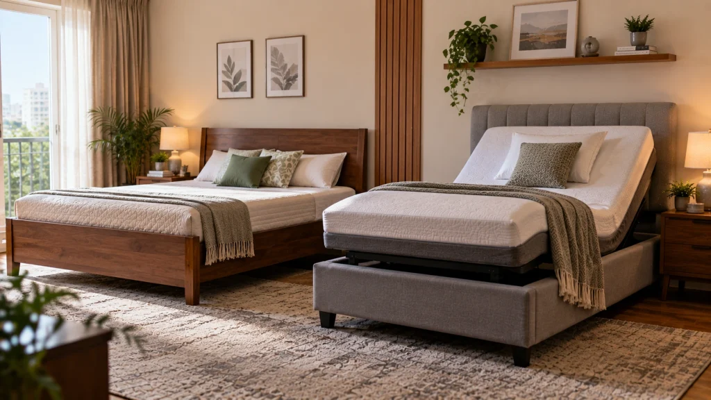 Adjustable bed and traditional bed comparison in a bedroom.