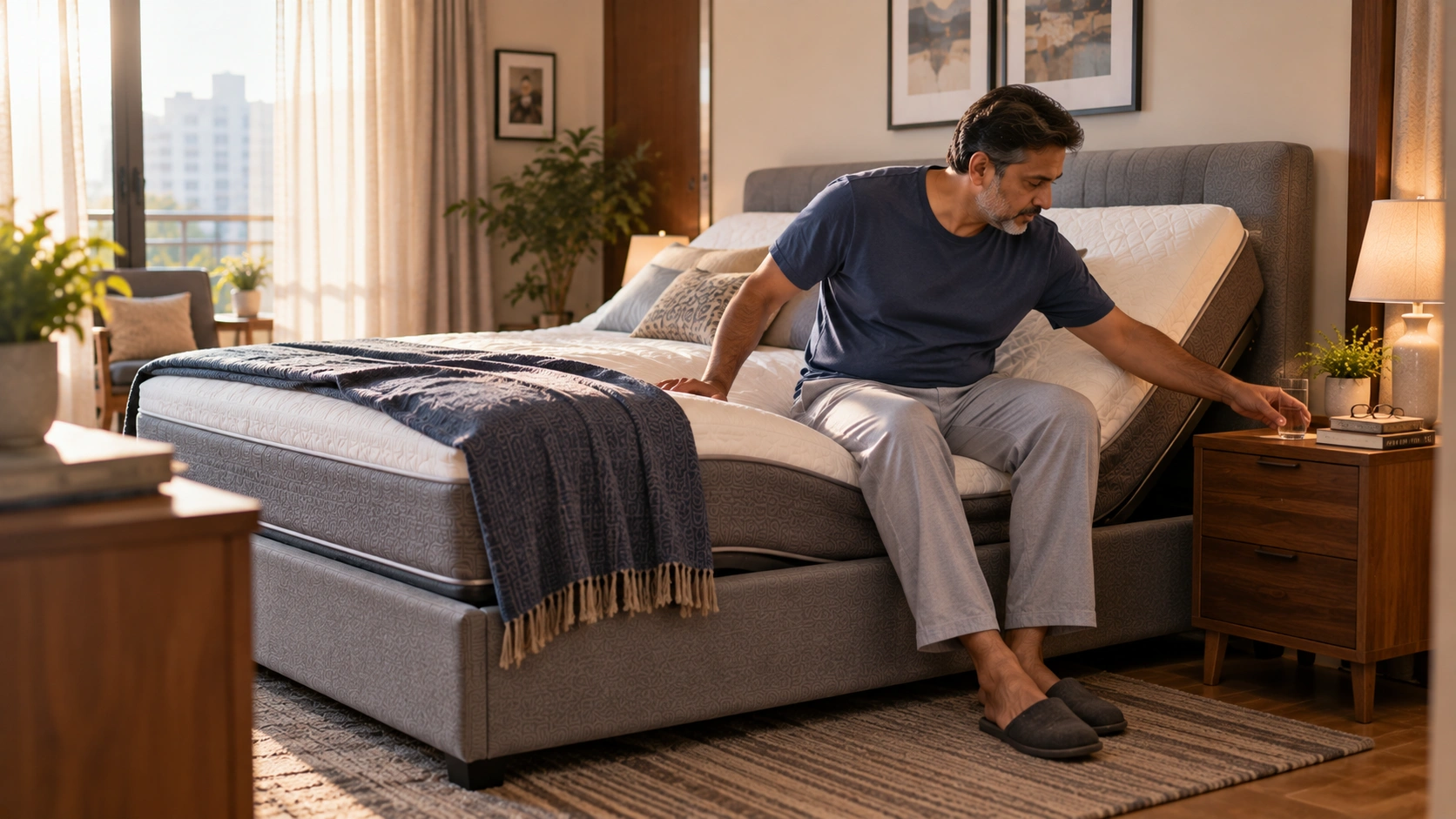 Adjustable bed for lower back pain and morning relief.