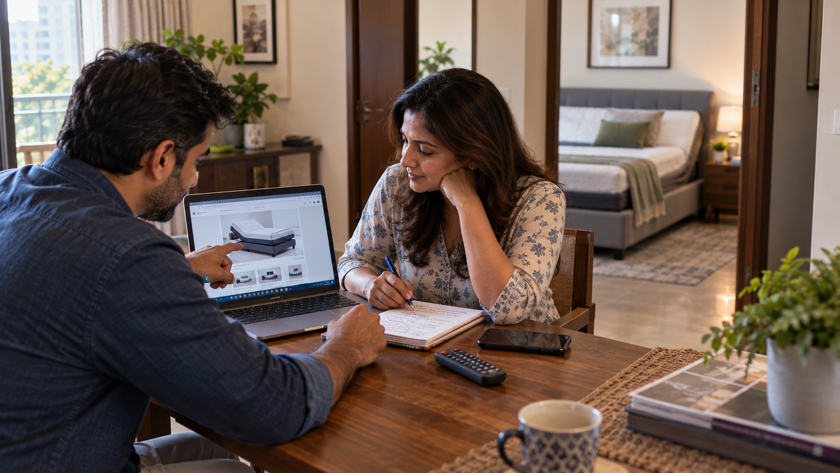 Couple comparing adjustable bed brands in India.