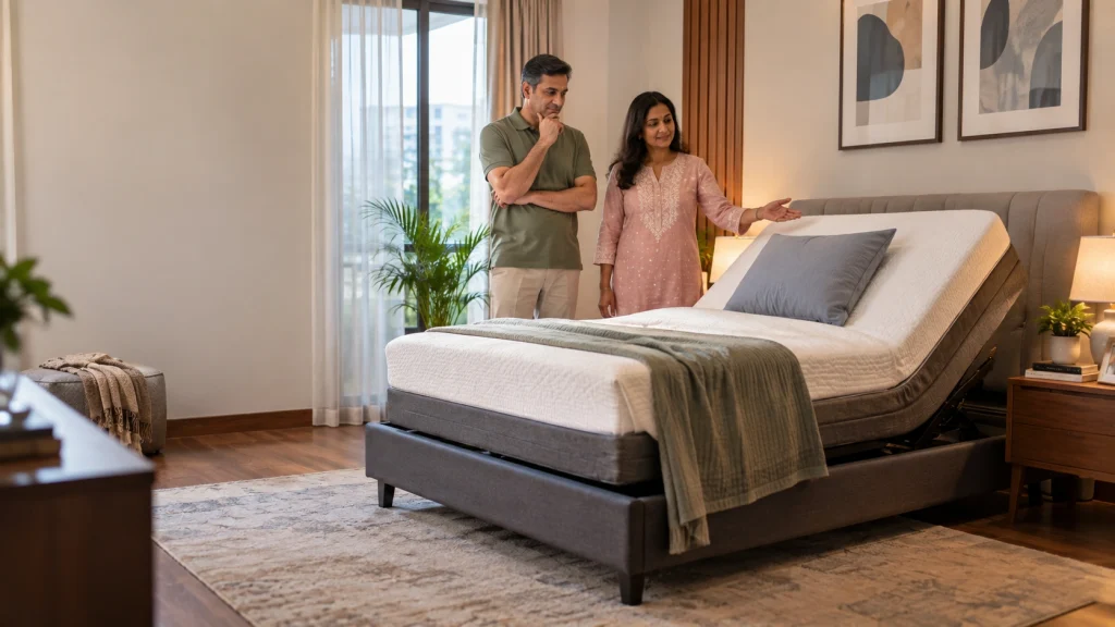Couple comparing an elevated adjustable bed for rent or purchase.