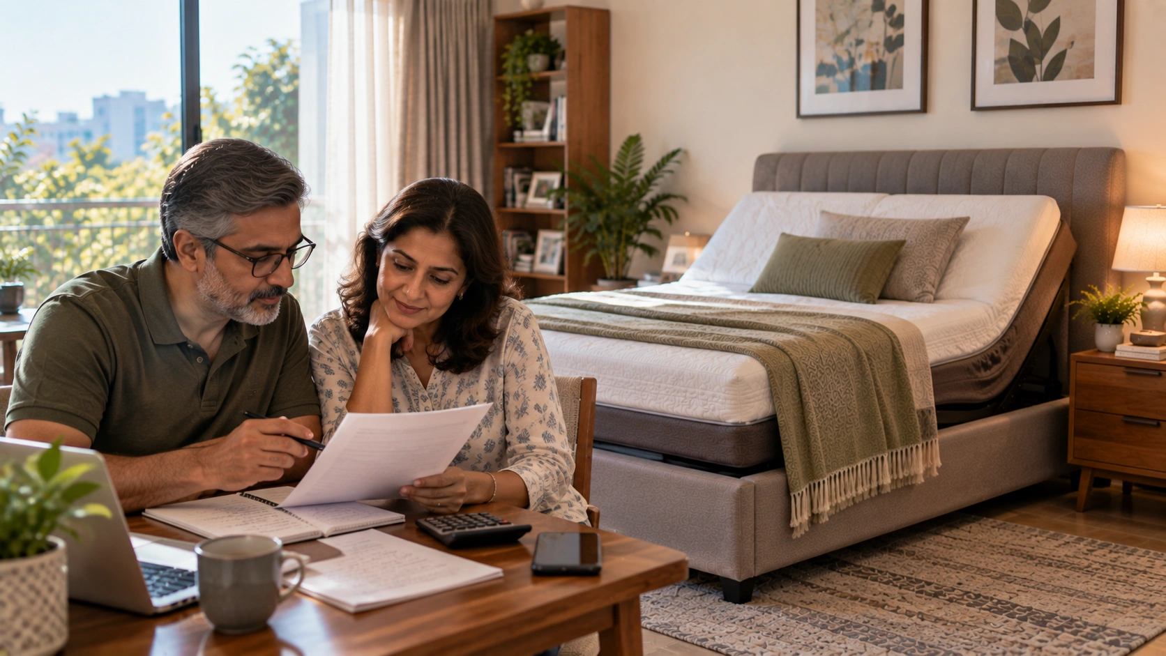 Couple reviewing adjustable bed prices in India.