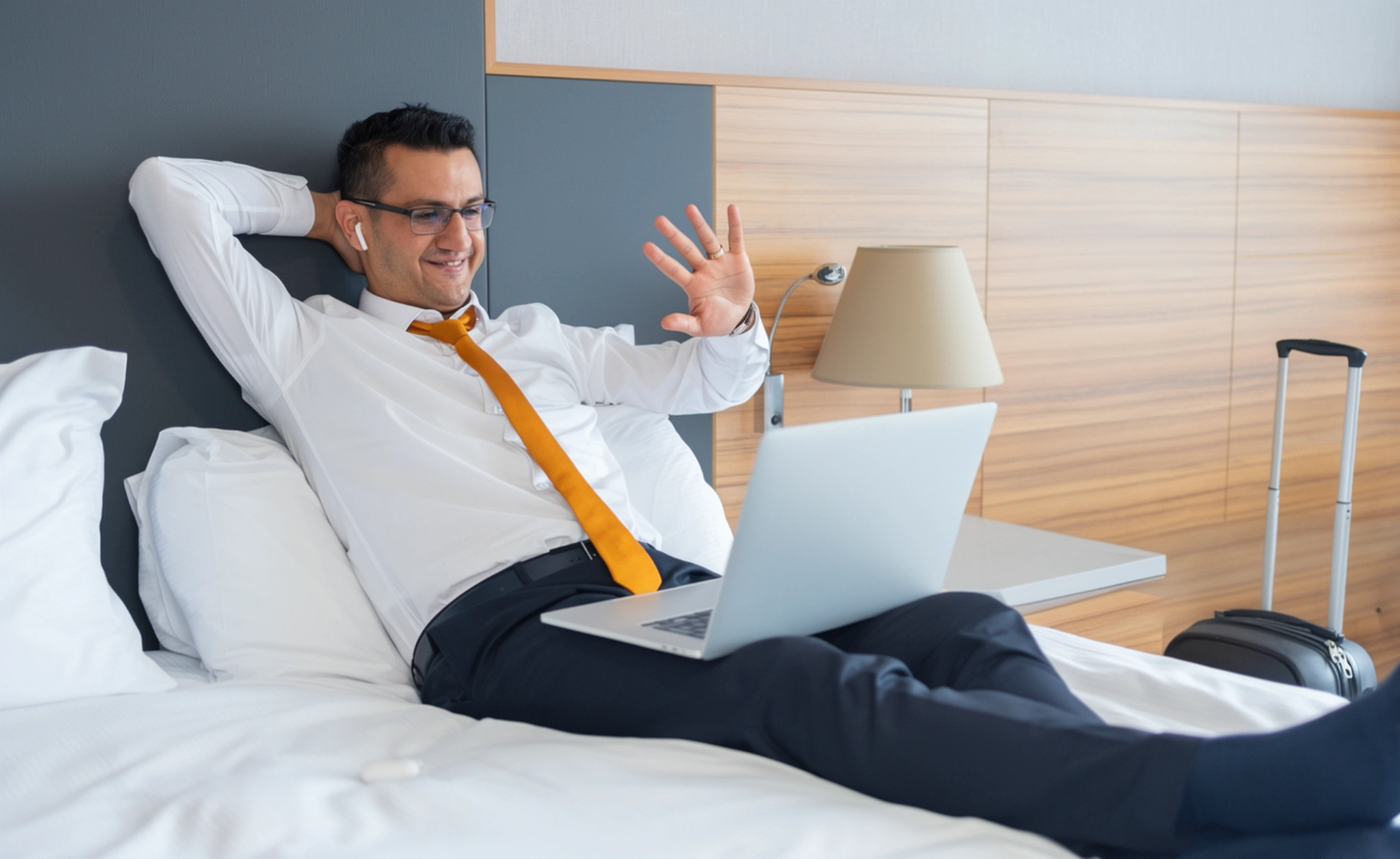 Desk worker using a laptop while relaxing on bed.