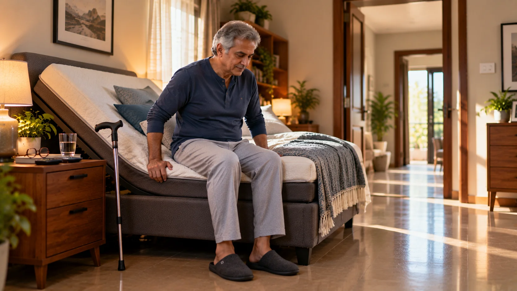 Elderly man using an adjustable bed for Parkinson’s disease support.
