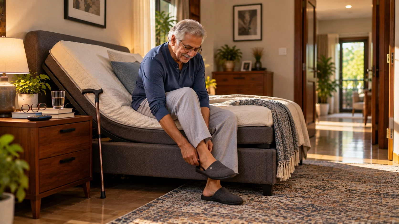 Elderly man using an adjustable bed for comfortable mobility at home