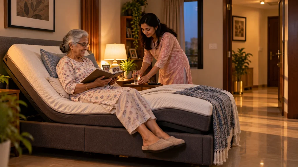 Elderly woman using an adjustable bed with caregiver support at home.