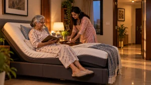 Elderly woman using an adjustable bed with caregiver support at home.