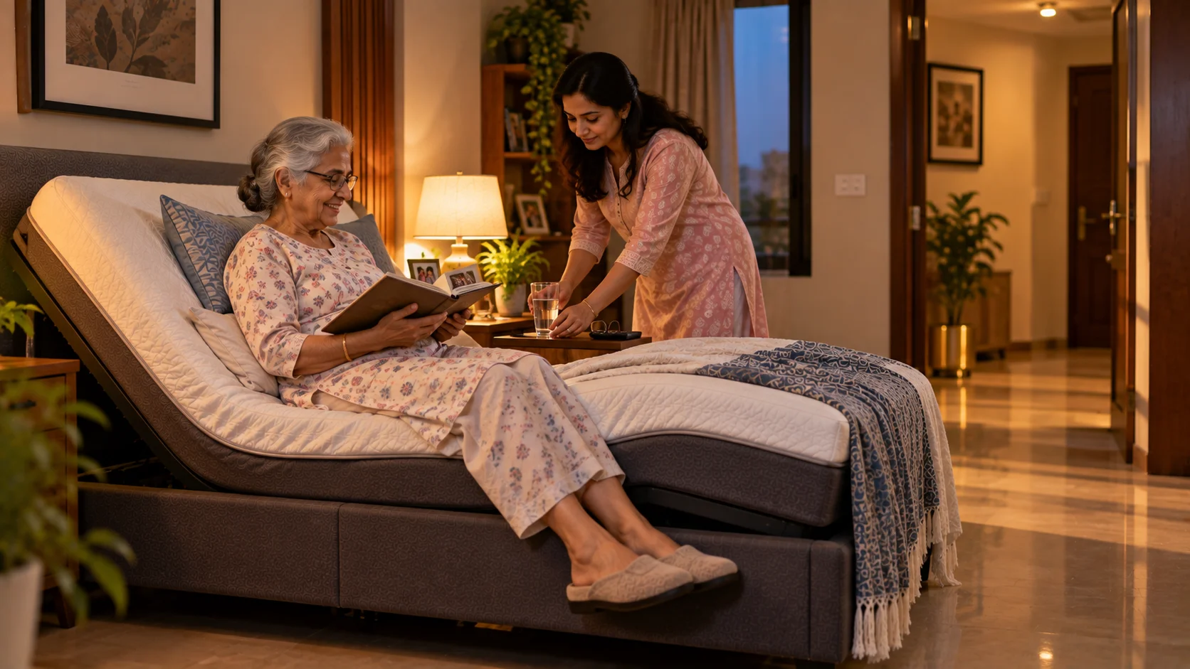 Elderly woman using an adjustable bed with caregiver support at home.