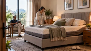 Indian couple at home with a modern adjustable bed.