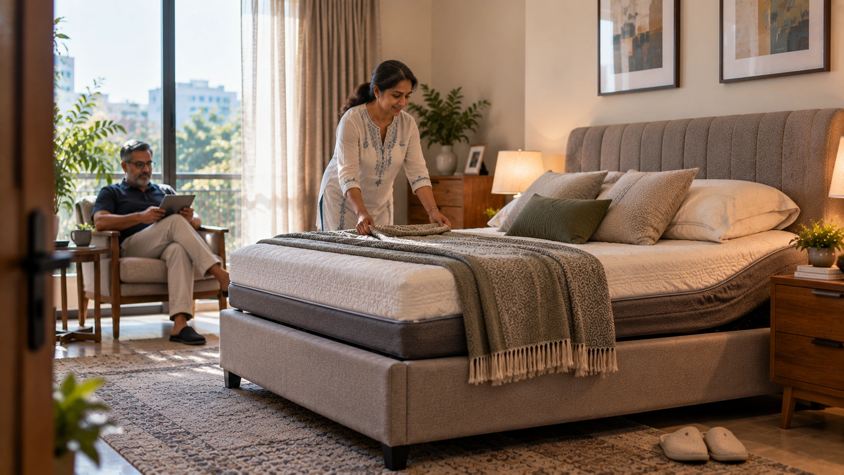Indian couple at home with a modern adjustable bed.