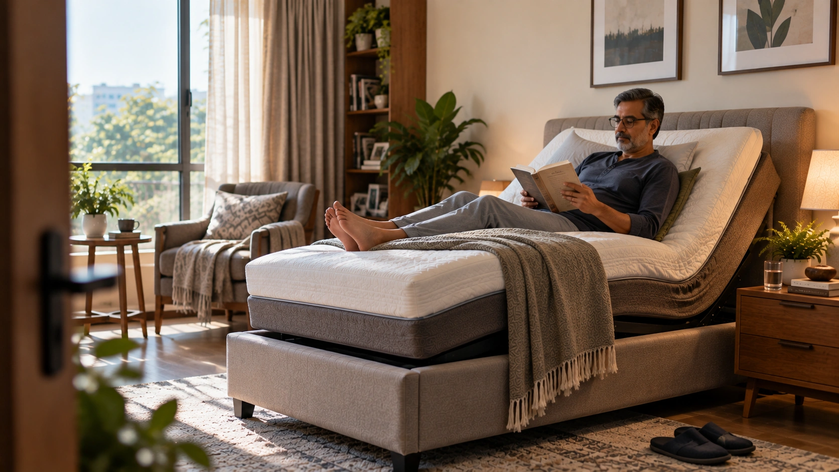 Man reading comfortably on an adjustable bed for chronic pain support.