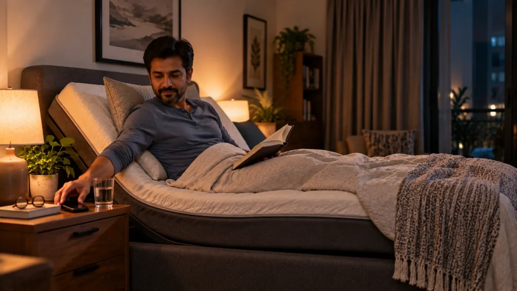 Man reading in an elevated adjustable bed for migraine relief.