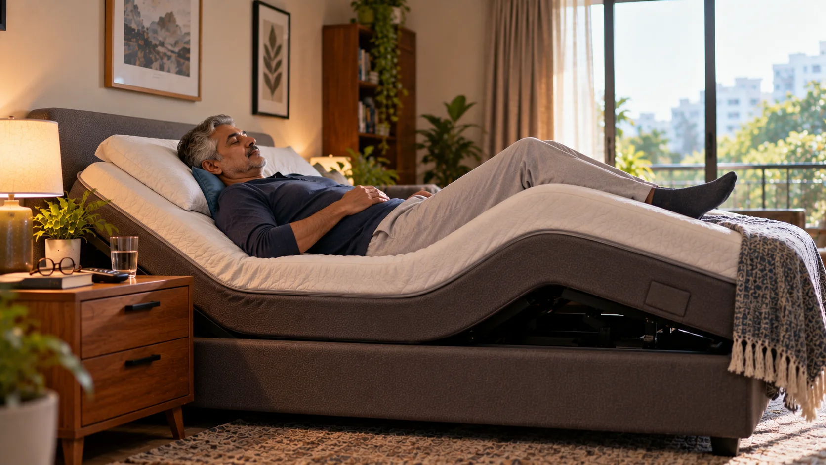 Man resting in a slightly flexed position on an adjustable bed for spinal stenosis.