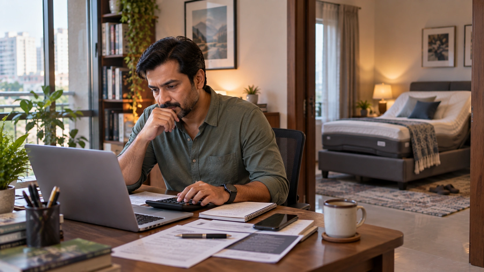 Man reviewing adjustable bed EMI and financing options.