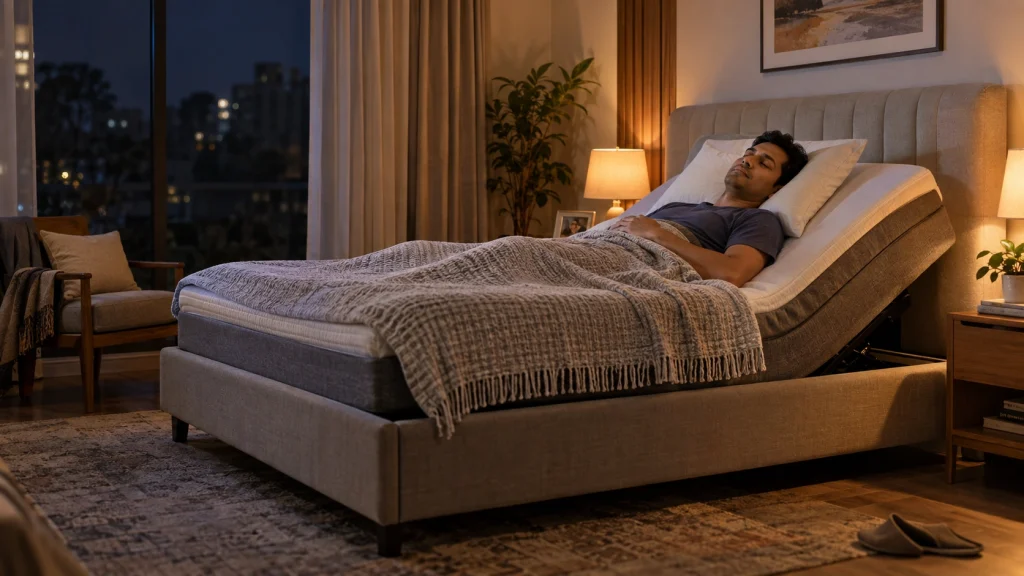 Man sleeping on an elevated adjustable bed for acid reflux relief.