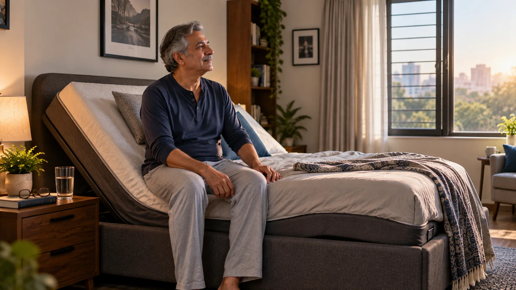 Man using an adjustable bed for easier breathing.