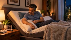 Man using an adjustable bed for frozen shoulder and rotator cuff pain.