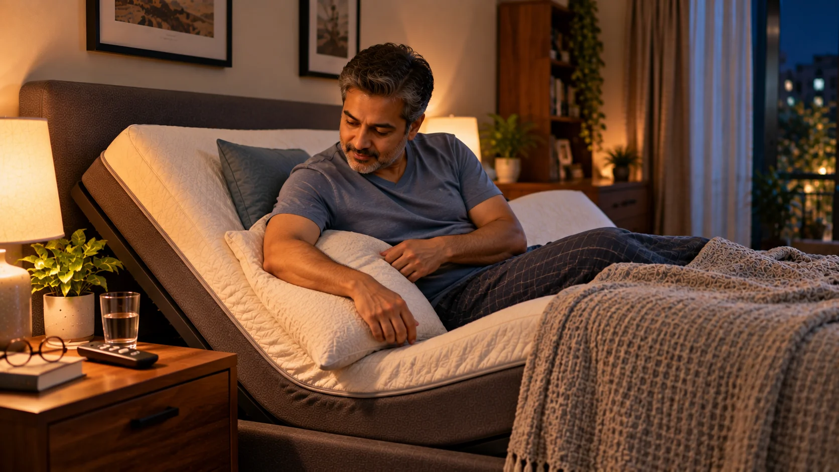 Man using an adjustable bed for frozen shoulder and rotator cuff pain.
