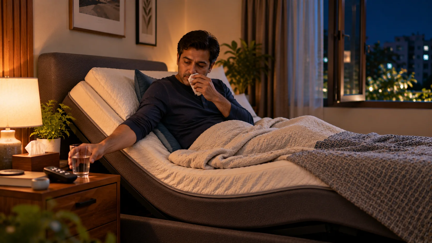 Man using an adjustable bed for nighttime cough and sinus congestion.