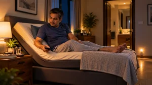 Man using an adjustable bed for vertigo and dizziness relief.