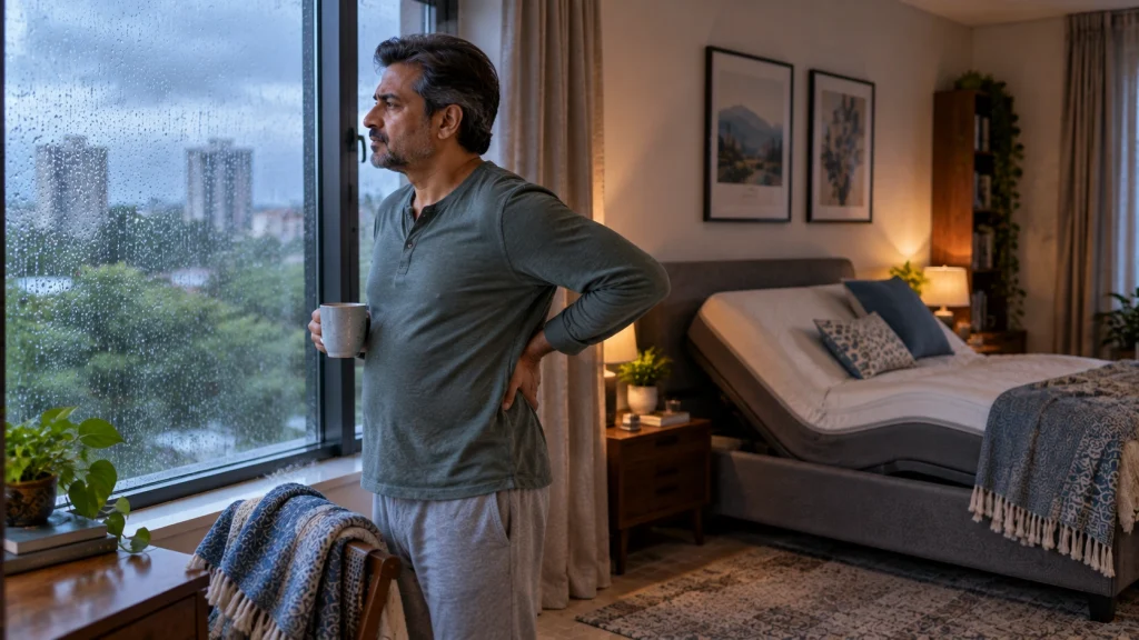 Man with back pain during monsoon using an adjustable bed.