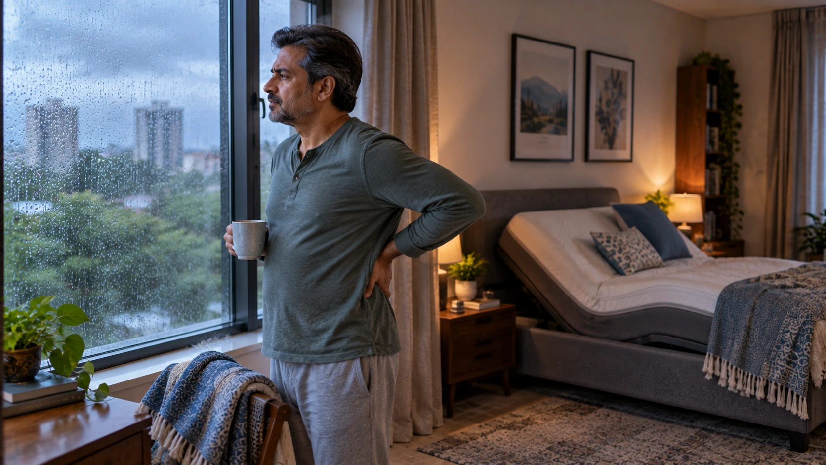 Man with back pain during monsoon using an adjustable bed.