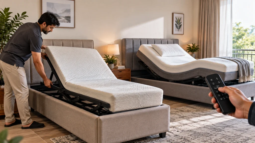 Manual and electric adjustable beds with control remote.