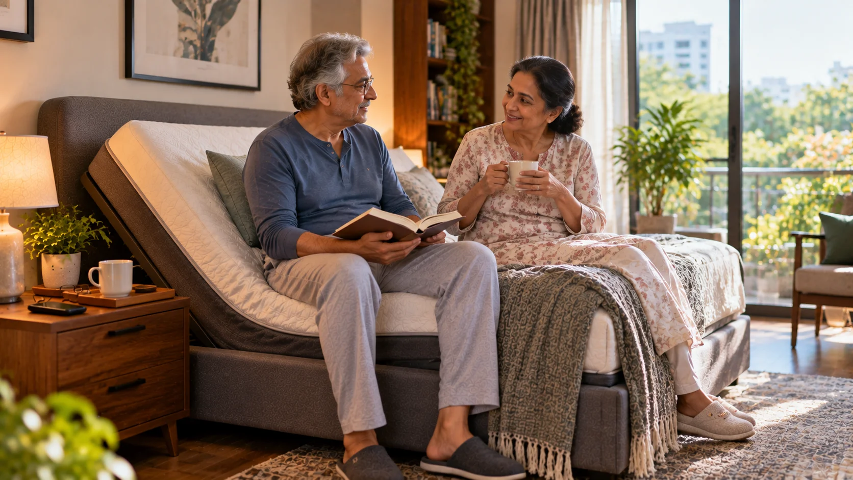 Older couple relaxing together on an elevated adjustable bed.