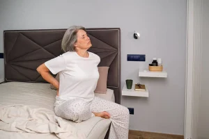 Older woman experiencing back pain while sitting on a bed, illustrating smart adjustable beds for back pain.