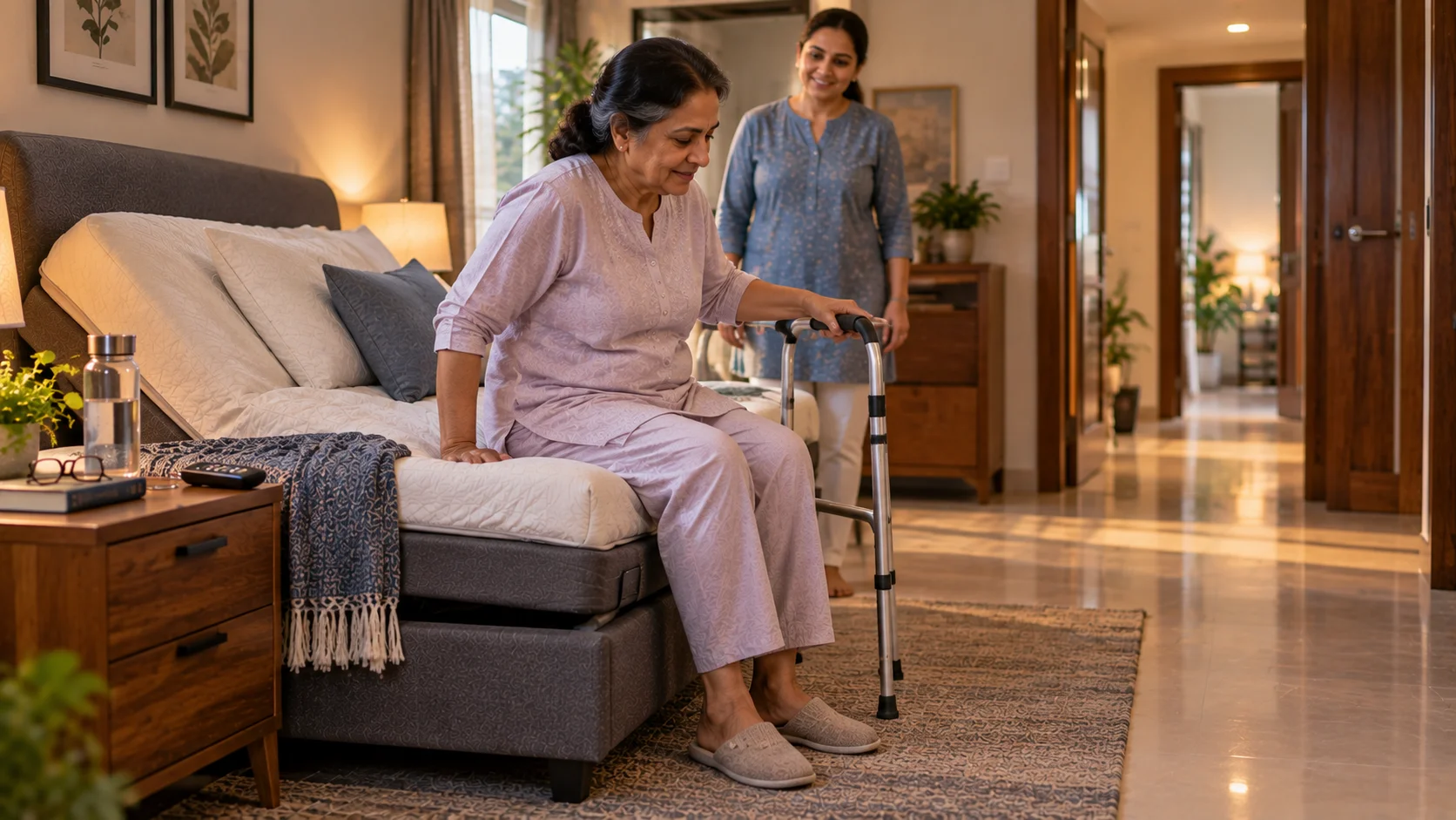 Older woman using a walker beside an adjustable bed during hip and knee replacement recovery.