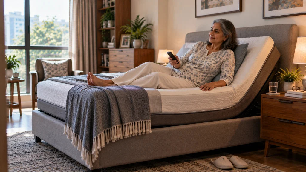 Older woman using an adjustable bed for osteoporosis support.