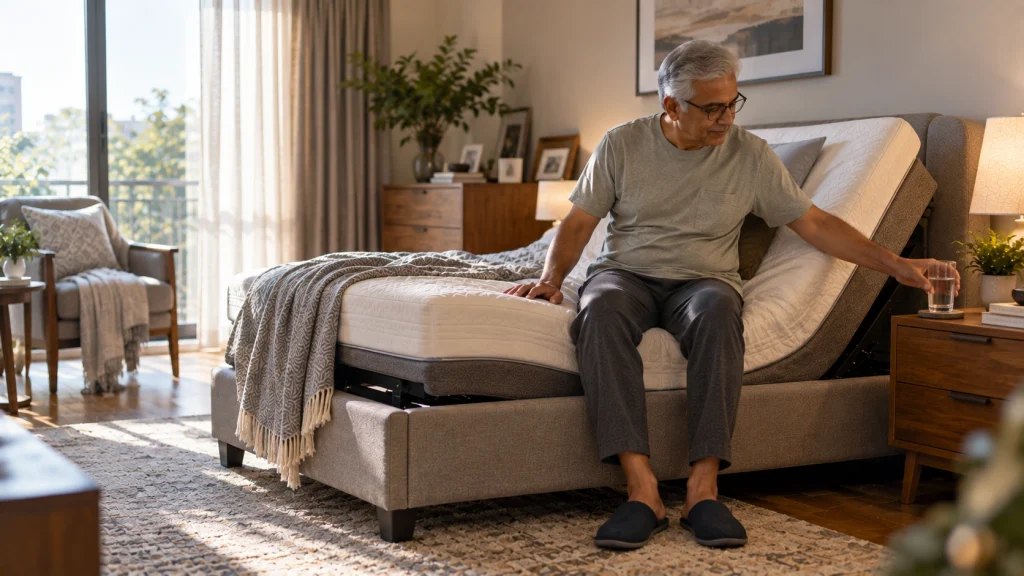 Senior man using an adjustable bed for easier mobility.
