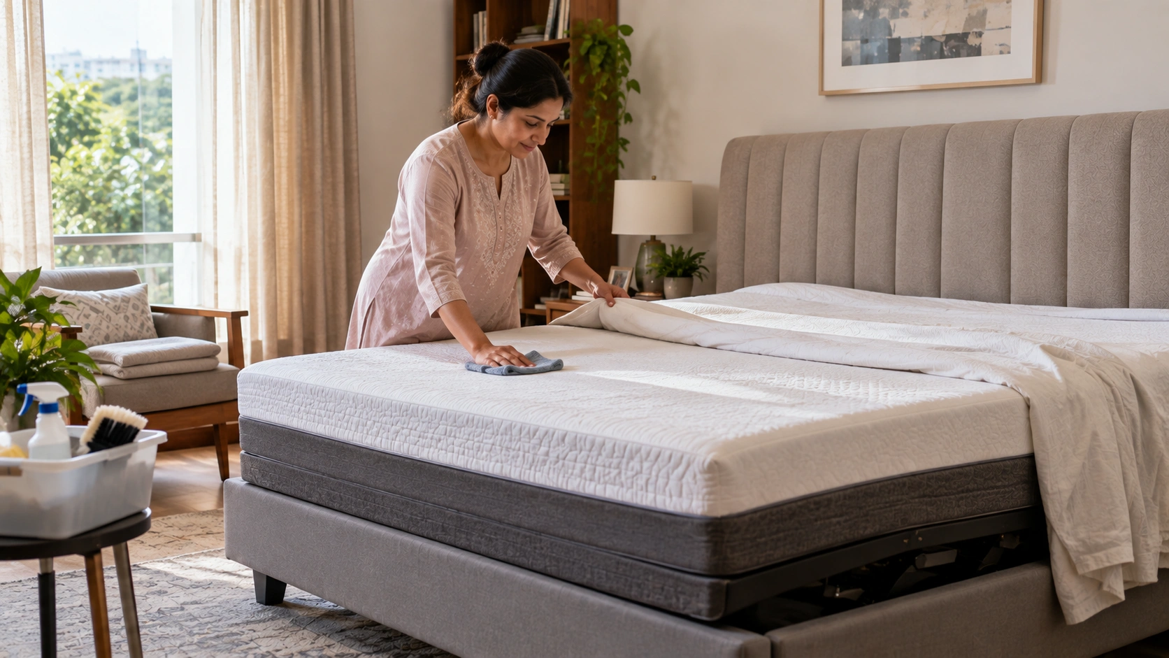 Woman cleaning and maintaining an adjustable bed mattress.