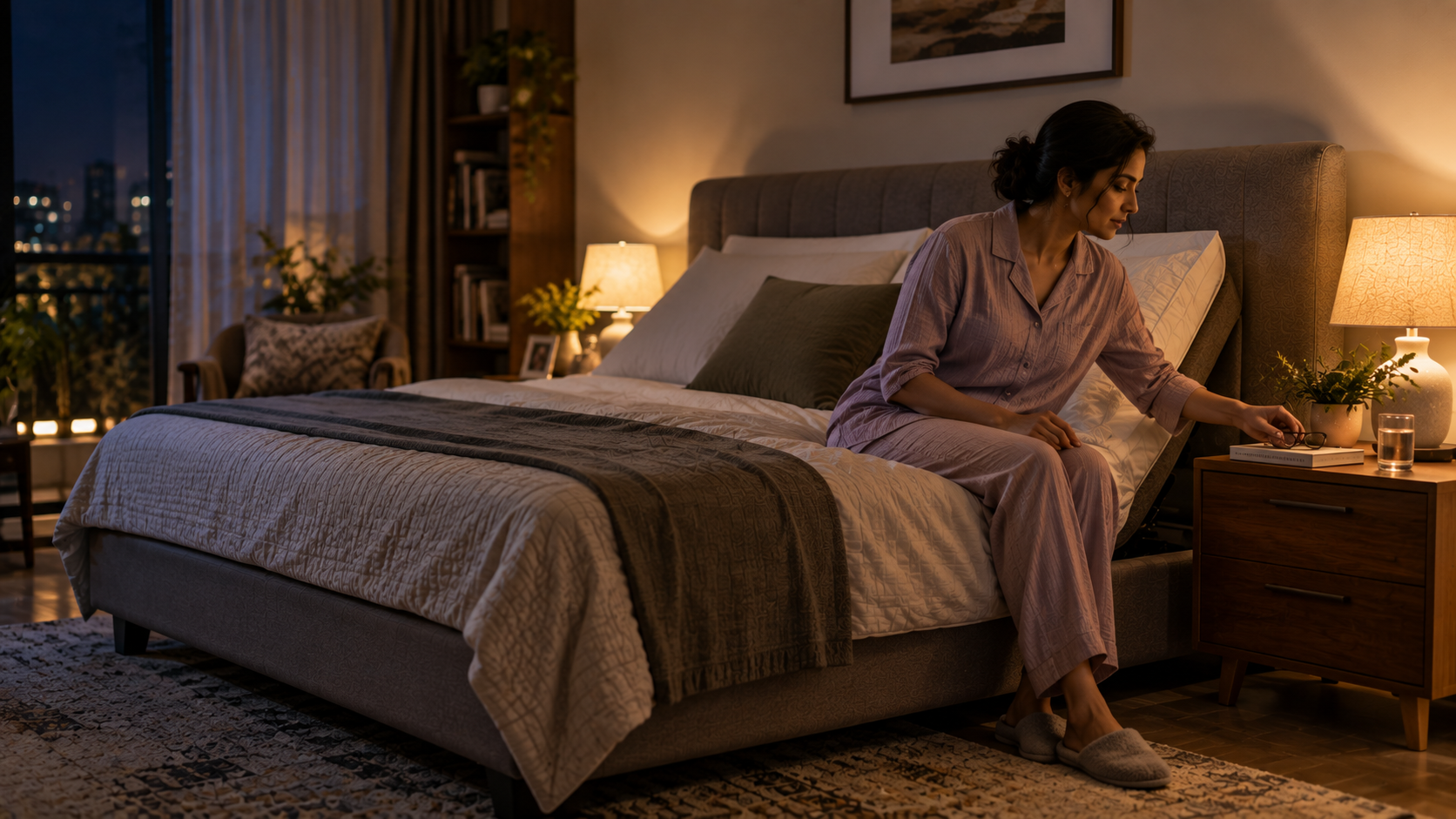 Woman relaxing on an adjustable bed at night.