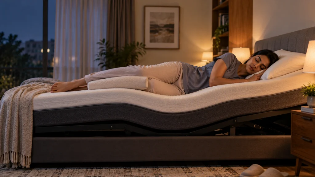 Woman sleeping comfortably on an adjustable bed for better