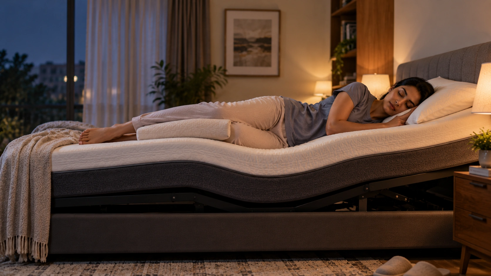 Woman sleeping comfortably on an adjustable bed for better