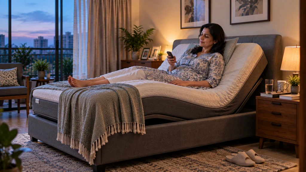 Woman using an adjustable bed for back pain relief.