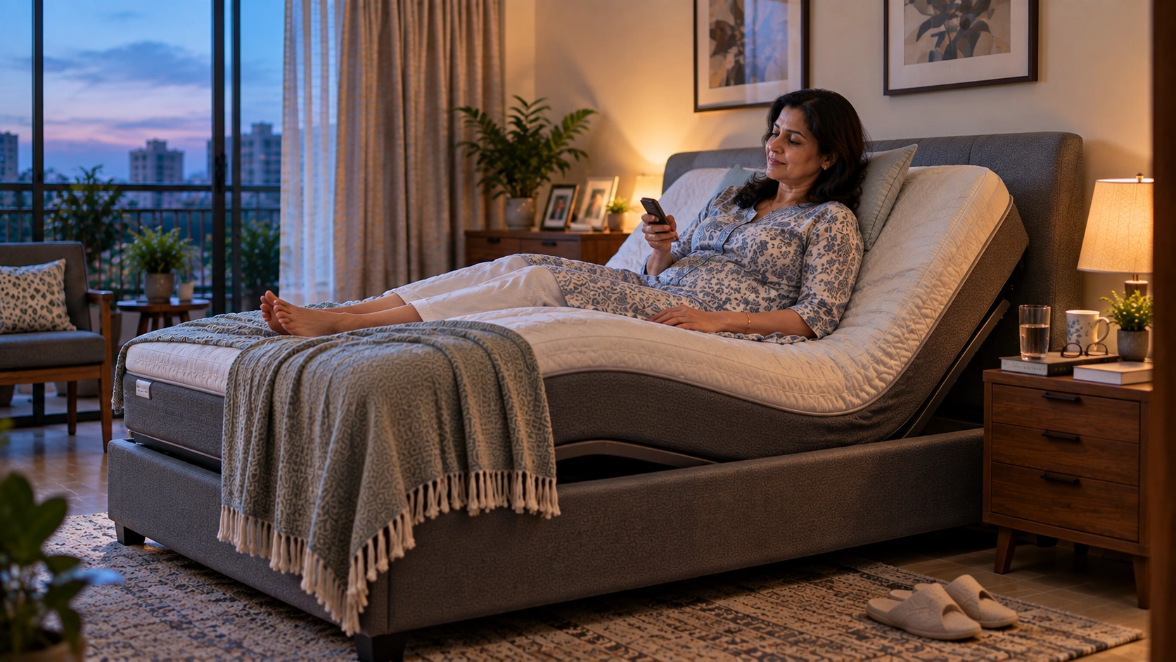 Woman using an adjustable bed for back pain relief.