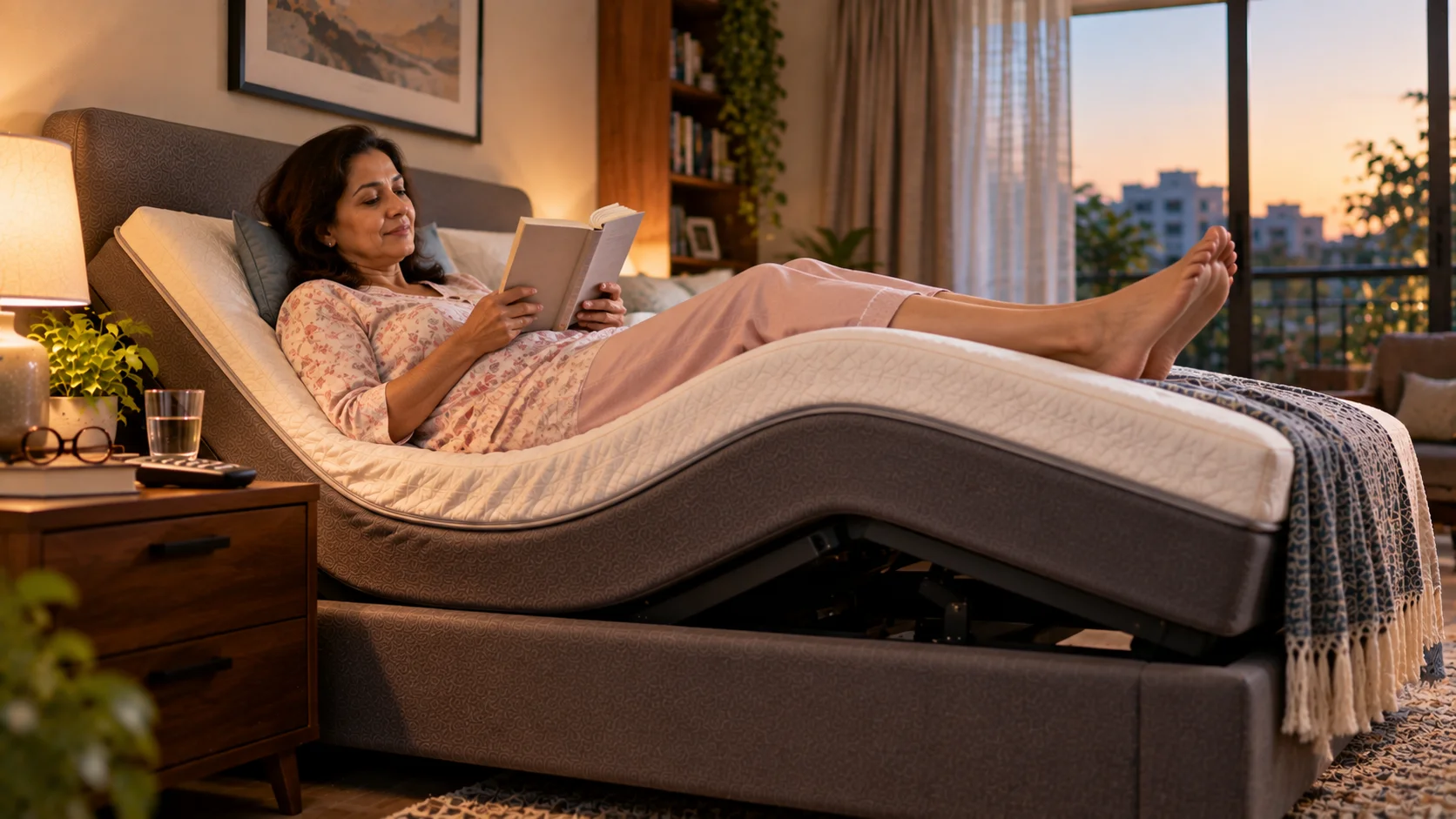Woman using an adjustable bed with elevated legs for varicose vein relief.