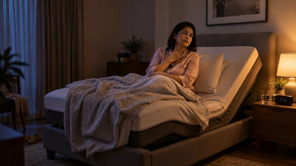 Woman using an elevated adjustable bed during menopause.