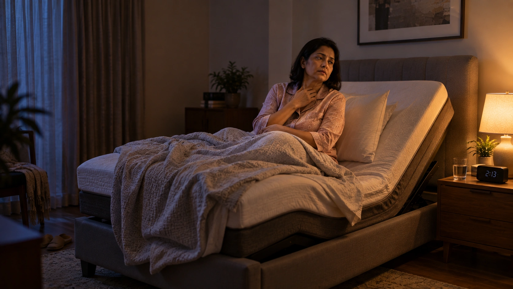 Woman using an elevated adjustable bed during menopause.