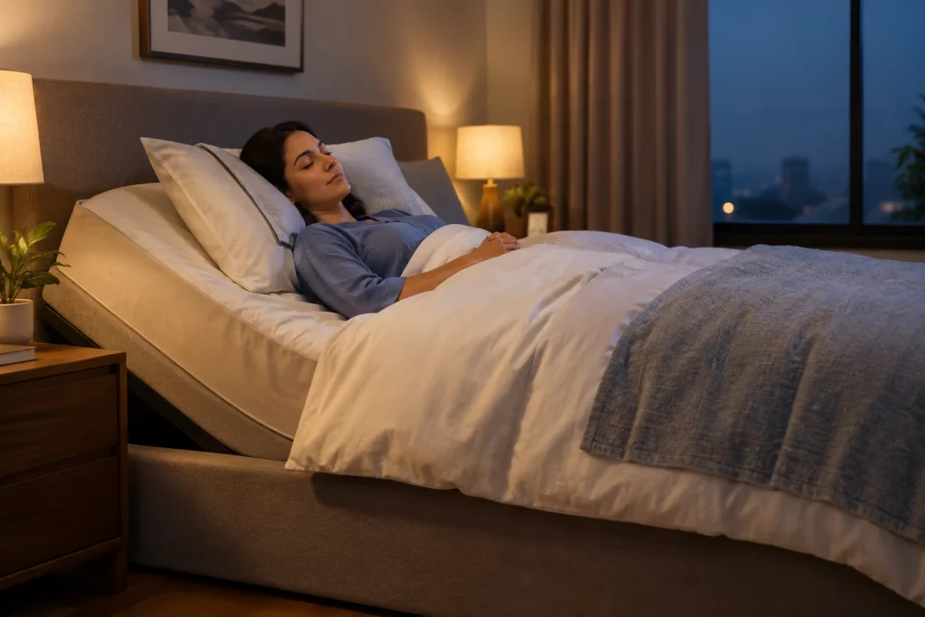Woman sleeping peacefully on an adjustable bed with the upper body gently elevated