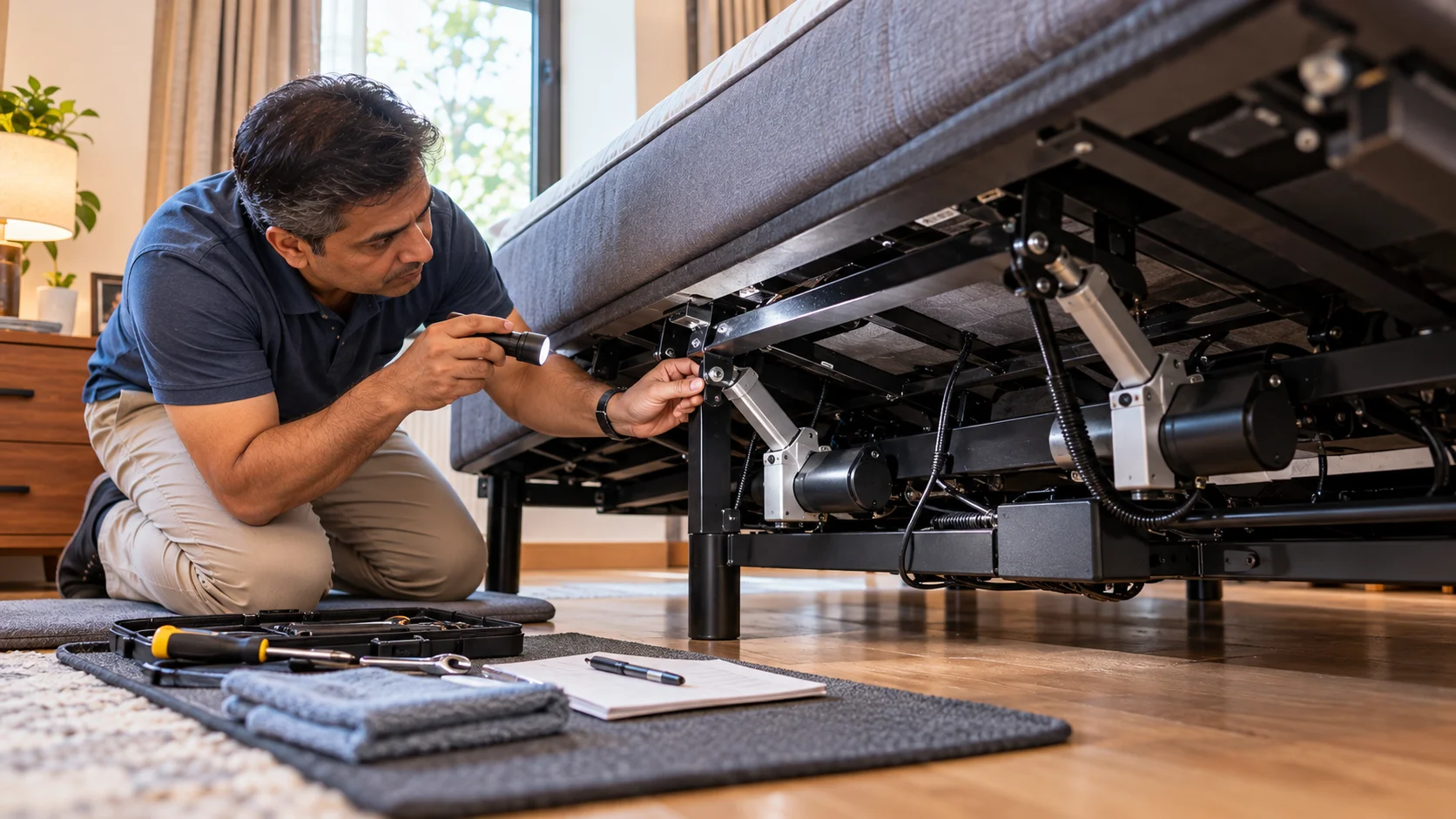 Adjustable bed frame maintenance with motor and hardware inspection