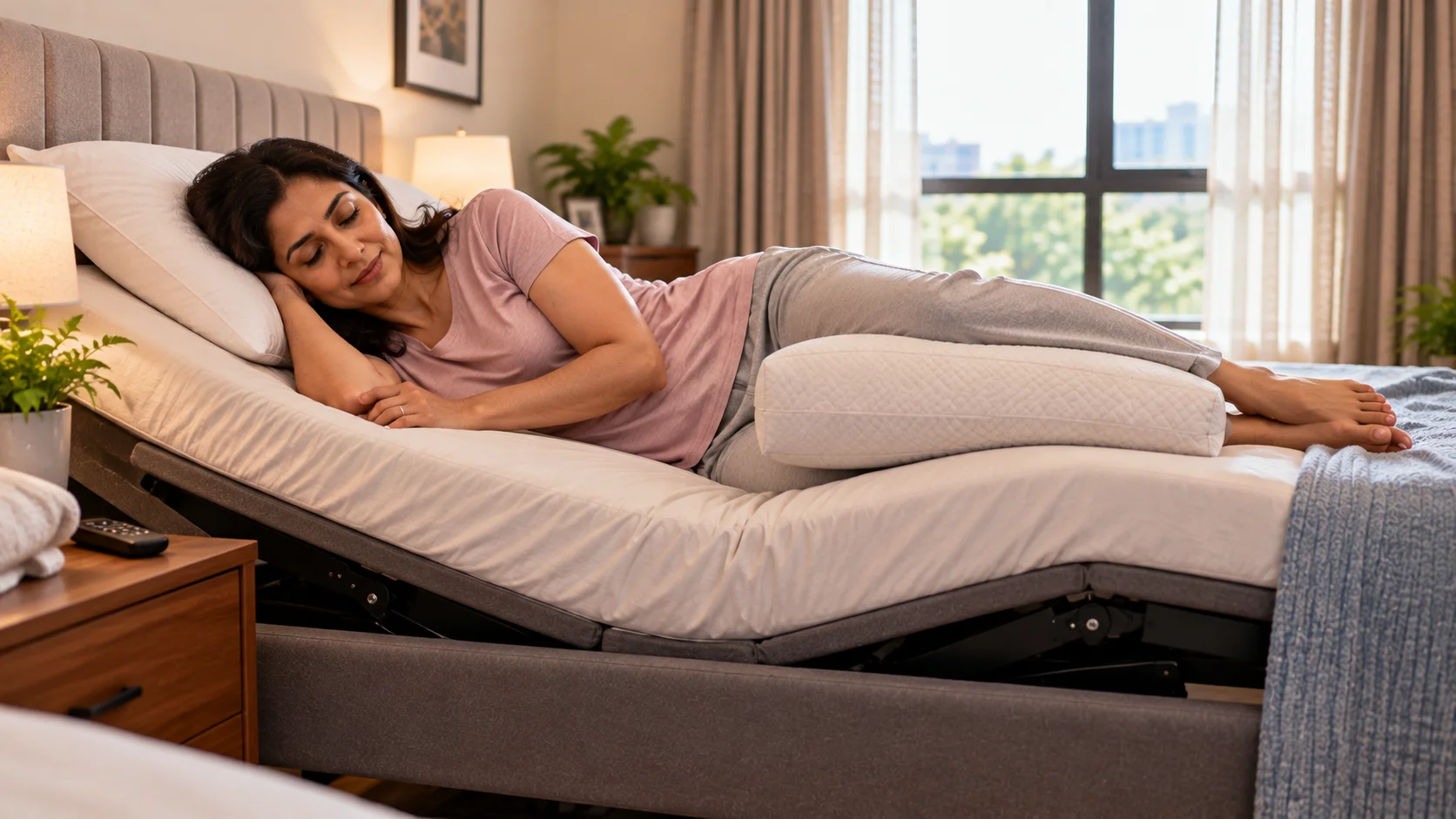 Adjustable bed setup for SI joint pain with gentle knee elevation