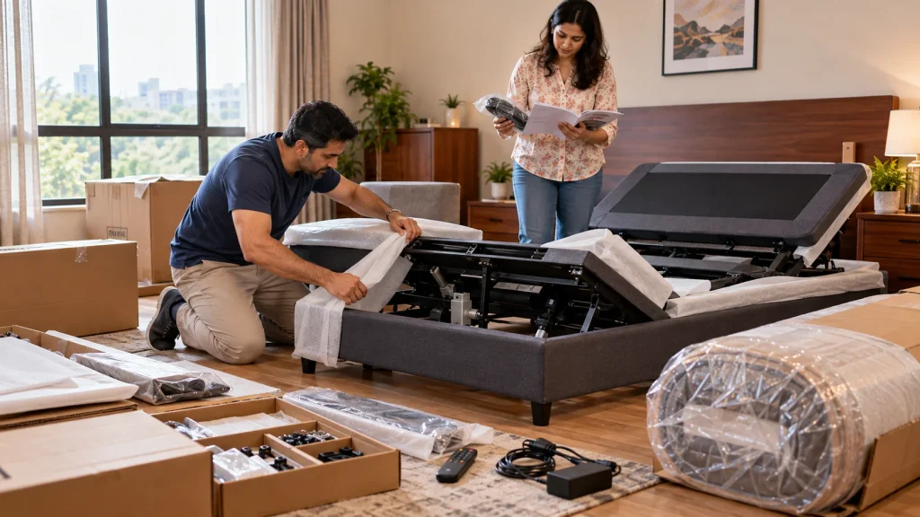 Adjustable bed unboxing and first setup with assembly parts and remote control