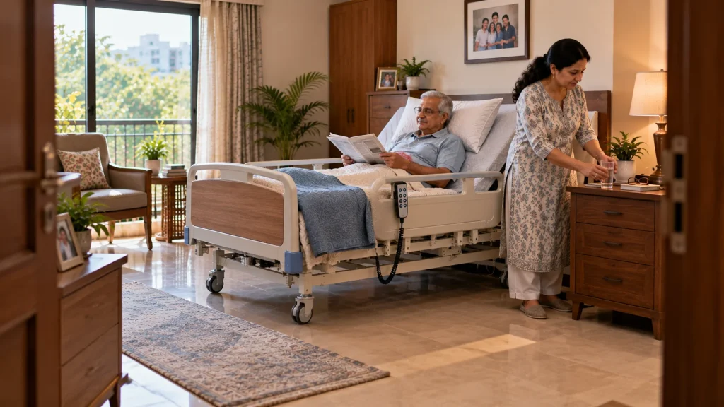 Caregiver arranging essentials beside a hospital bed at home for an older bedridden patient in a comfortable room.