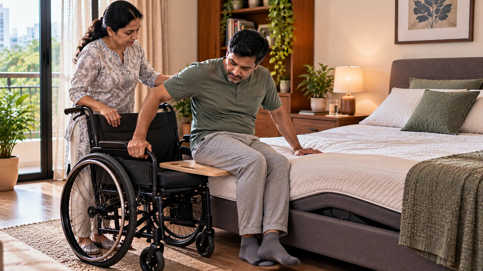 Caregiver assisting a man with a wheelchair-to-adjustable-bed transfer for spinal cord injury care and safe positioning
