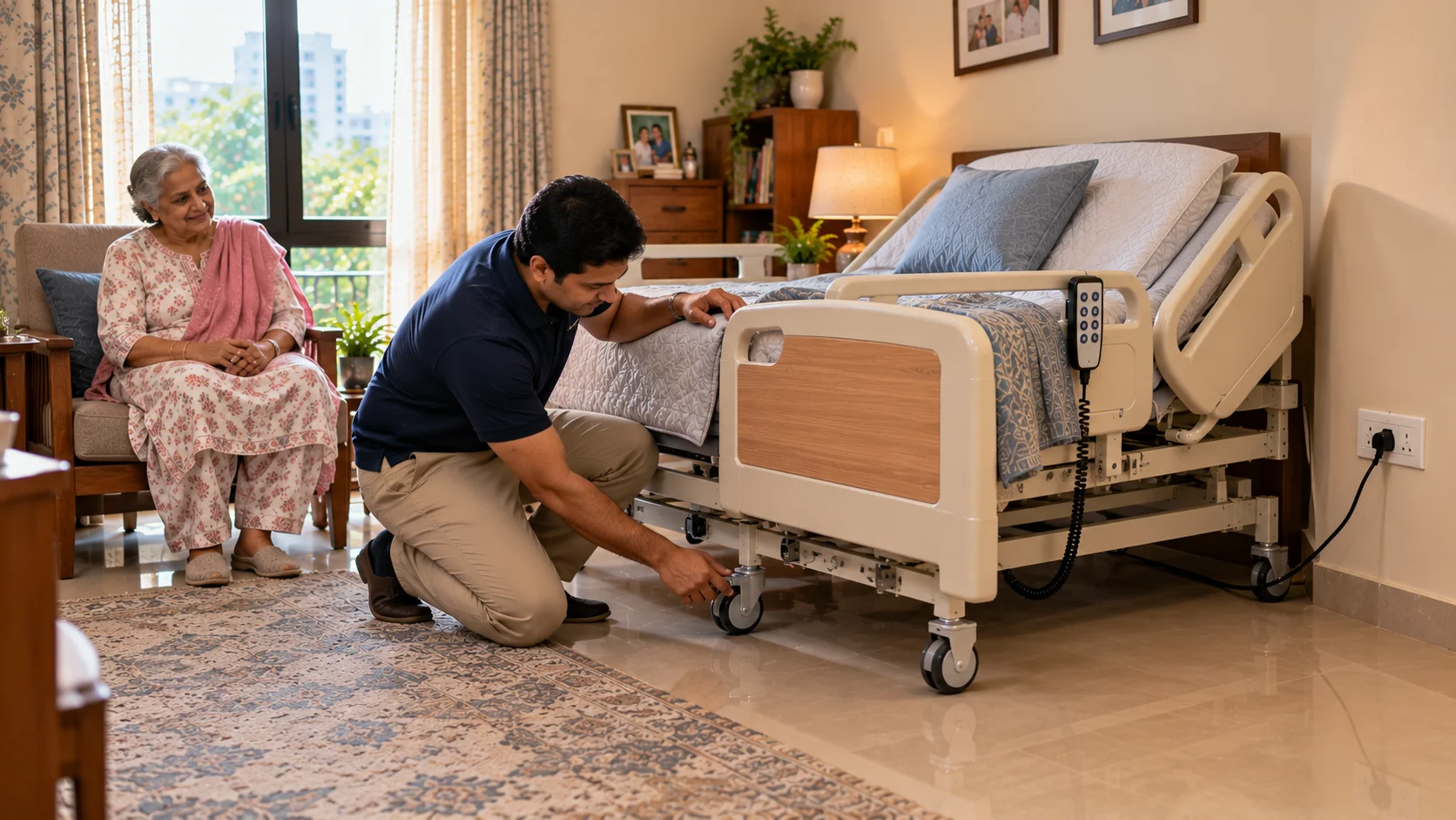 Caregiver checking the wheels and power connection of an electric hospital bed during a home safety setup.