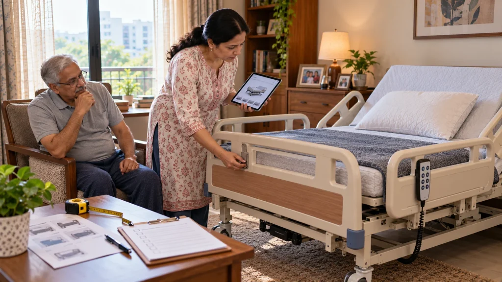 Caregiver inspecting hospital bed safety rails and reviewing features before buying a hospital bed online in India.