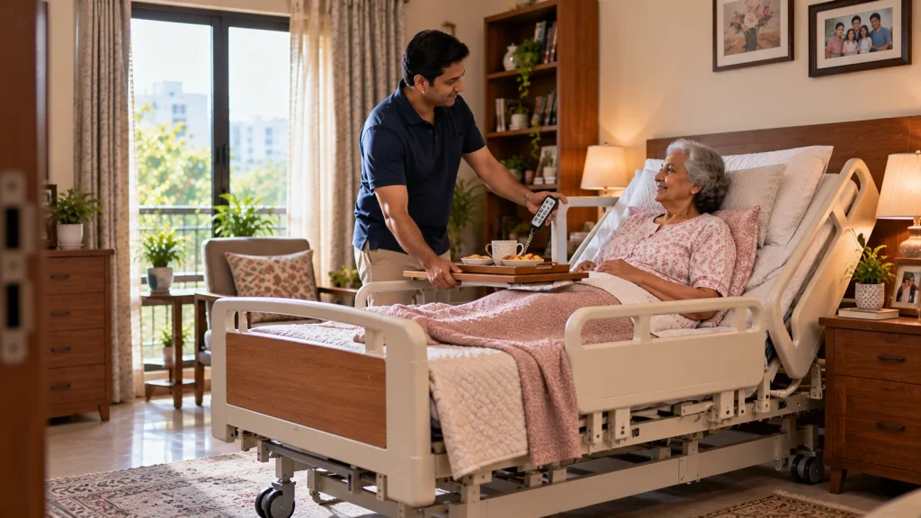Caregiver using an electric bed remote to adjust an elderly patient’s position during daily home care.