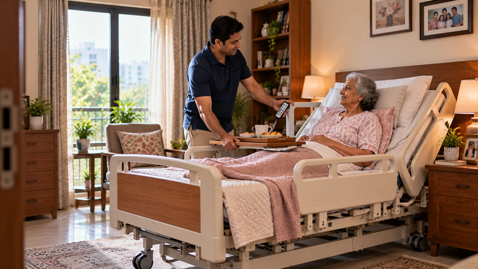 Caregiver using an electric bed remote to adjust an elderly patient’s position during daily home care.